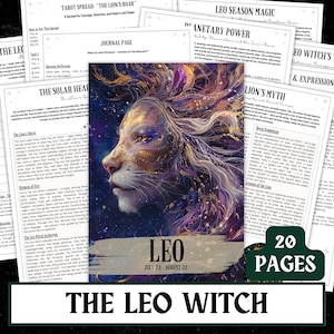 May include: A collection of printed pages with the title "The Leo Witch." The central image is a detailed illustration of a lion's face with a cosmic design. The pages include text about tarot, astrology, and the Leo zodiac sign. The image also includes the text "20 pages."