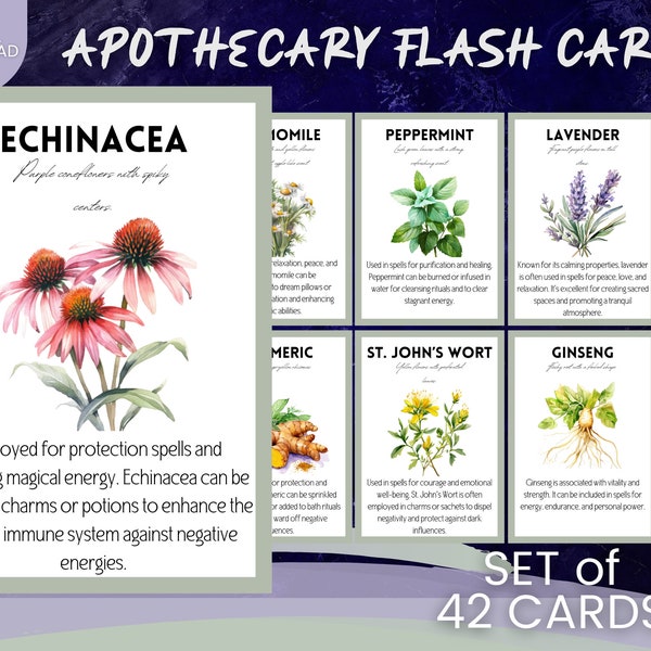 Printable Apothecary Flash Cards ,Medicinal and Kitchen Herbs - Set of 42 - Herbalism, Witchcraft, Magic - Instant Download
