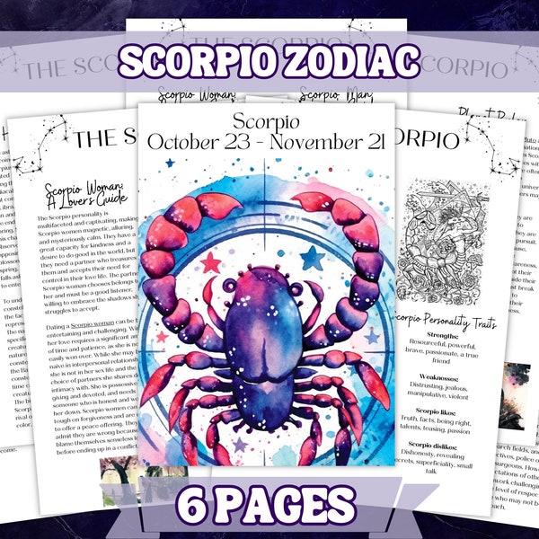 Scorpio Zodiac Set Printable Grimoire Pages - BOS- Intro to witchcraft. Beautiful cover page designs. Personal use