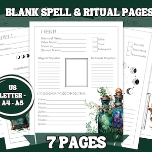 Páginas en blanco para grimorios de hechizos y rituales / Inserciones imprimibles del Libro de las Sombras / Plantillas de diario de brujería / Tamaños de carta A5, A4 y EE. UU.