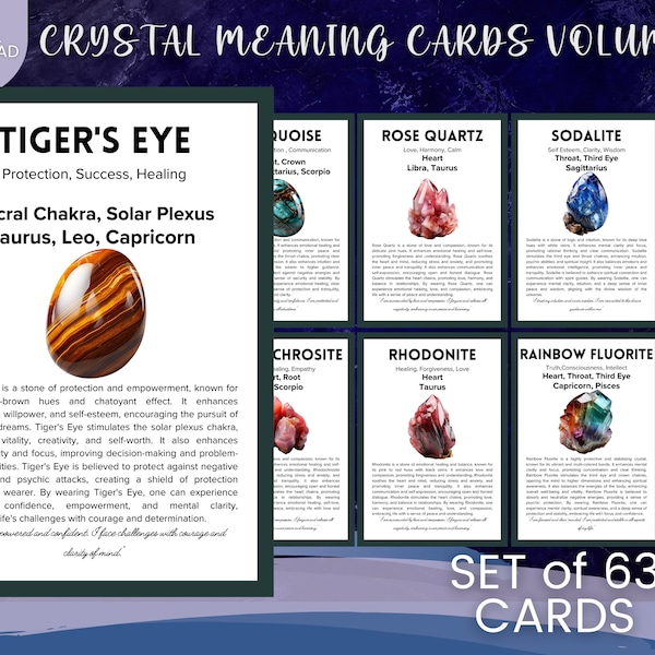 Printable Crystal Meanings Cards Volume 2 , easy printing (4 cards per US Letter size page) Instant Download Set of 63 Cards