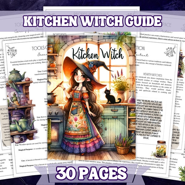 Guía imprimible de brujas de cocina, 30 páginas A4, recetas mágicas, rituales y sabiduría ancestral, grimorio y páginas del libro de las sombras