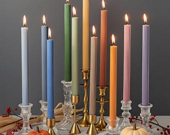 Thin Ribbed Taper Candles - Hand-Poured Soy & Beeswax Blend, Home Decor (Set of 2)