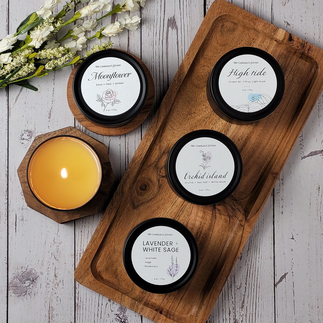 6 Oz. Tin Candle, Orchid, Moonflower, White Sage, Lavender, High Tide
