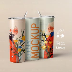 Skinny Tumbler Mockup, Three 20 oz Straight Tumblers Editable with Photoshop PSD Smart Object and Canva Drag and Drop for POD Commercial Use
