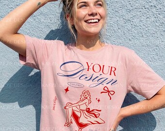 T-Shirt Mockup Comfort Colors 1717 Blossom - Trendy Lifestyle Model Tee Shirt Mockups