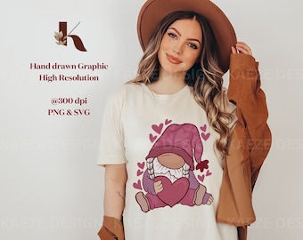 Hand drawn Love Gnome Valentine Day SVG PNG for Shirt, Hoodies, Mug, Tote Bag Graphic Design, Heart Sublimation Designs, Valentine Day Gift