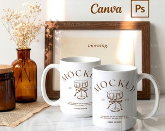 White 15oz Mug Mockup - Two Ceramic Coffee Cups in Boho Set | Canva and PSD