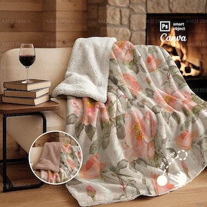 Sherpa Blanket Mockup | Cozy Fireplace Fleece Plush Throw - PSD Smart Object Canva Template