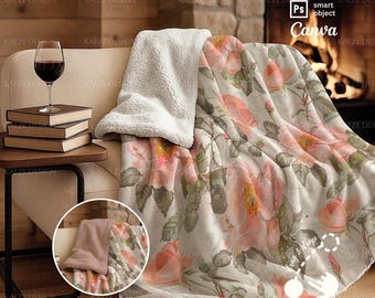 Sherpa Decke Mockup | Gemütlicher Kamin-Fleece-Plüsch-Überwurf - PSD Smartobjekt Canva Vorlage
