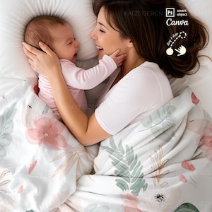 Blanket Mockup Photoshop PSD and Canva, Duvet Mockup with Lifestyle Baby and Mom photo for Pattern Designs Showcase, Bedding Blanket Mockup