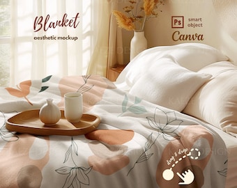Boho Blanket Mockup, PSD Smart Object, Canva Template