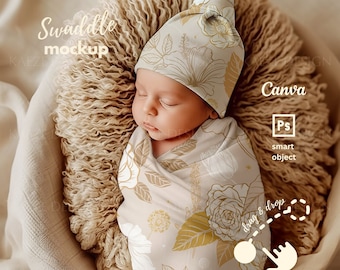 Baby Swaddle Decke Mockup PSD Photoshop und Canva, Boho Vibes Newborn Baby Swaddle Decke Mockups plus Mütze für POD & kommerzielle Nutzung