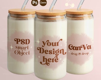 Libbey Glass Can Mockup : Three 16oz  POD Canva Mockups | Photoshop PSD Smart Object