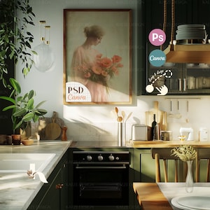 Kitchen Wall Artwork Frame Mockup PSD Smart Object and Canva Template, Wooden Wall Art Frame Mockup for Poster and Photo Frame