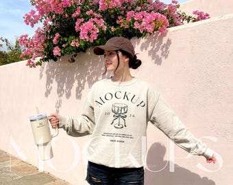 Outdoor Lifestyle Sweatshirt Mockup - Gildan 18000 Sand Crewneck - Realistic Casual Summer / Spring Backdrop Setting