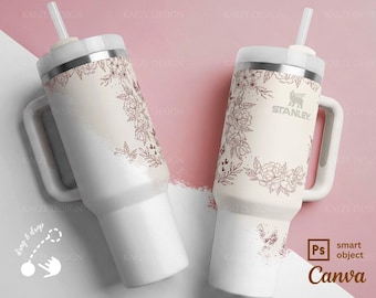 Stanley Tumbler Mockup - 40oz Quencher H2.0 Minimalist Flat Lay PSD Smart Object & Canva Template