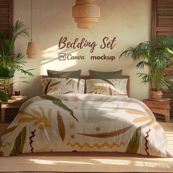 Bedding Set Mockup Photoshop PSD, Boho Interior Design Room, Pillows Blanket Mockup, PSD Smart Object and Drag & Drop Canva bedding mockups