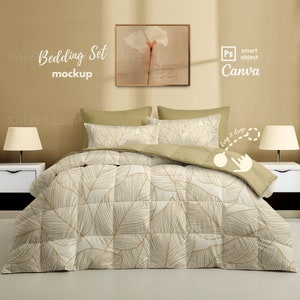 Bedding Set Mockup Photoshop PSD, Quilt Duvet and 4 pillows in Minimalist Interior Design Bedroom, PSD Smart Object and Canva bedding mockup