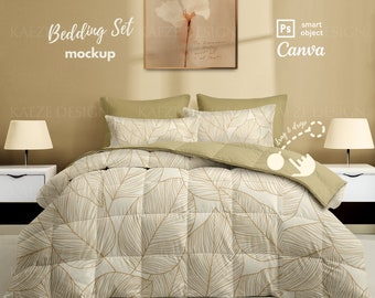 Bedding Set Mockup Photoshop PSD, Quilt Duvet and 4 pillows in Minimalist Interior Design Bedroom, PSD Smart Object and Canva bedding mockup