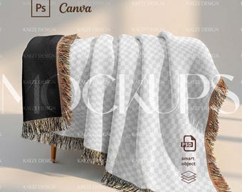 Woven Blanket Mockup - Printify Woven Throw for Print on Demand, Visible Farbic Texture | Photoshop Smart Object PSD, Canva Drag & Drop PNG