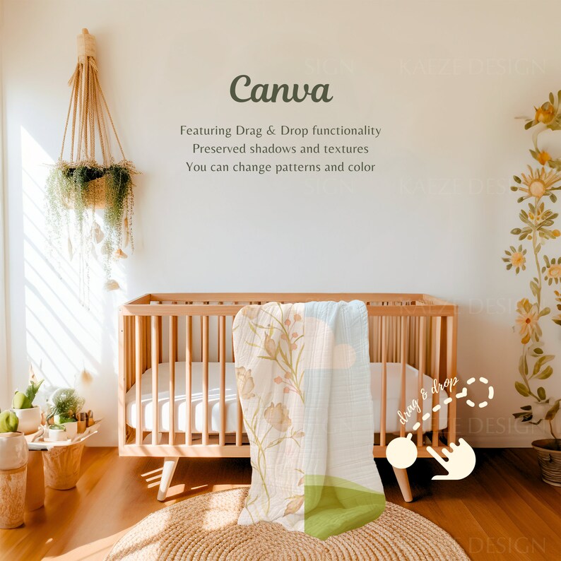 Muslin Blanket Mockup PSD and Canva, Muslin Baby Blanket Mockup Photoshop Canva Drag and Drop for Pattern Designer, Baby Blanket Mockups, Blanket Mockup Photoshop Smart Object, POD and Commercial Use