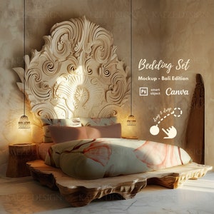 Bedding Set Mockup PSD Smart Object and Canva Drag and Drop Template, Bali Boho Bedroom Interior Design, Pillows and Blanket Mockup
