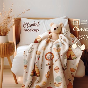 Boho Baby Blanket Mockup Photoshop and Canva, Blanket Mockup PSD and Canva template for Your Pattern Design, POD Blanket Showcase