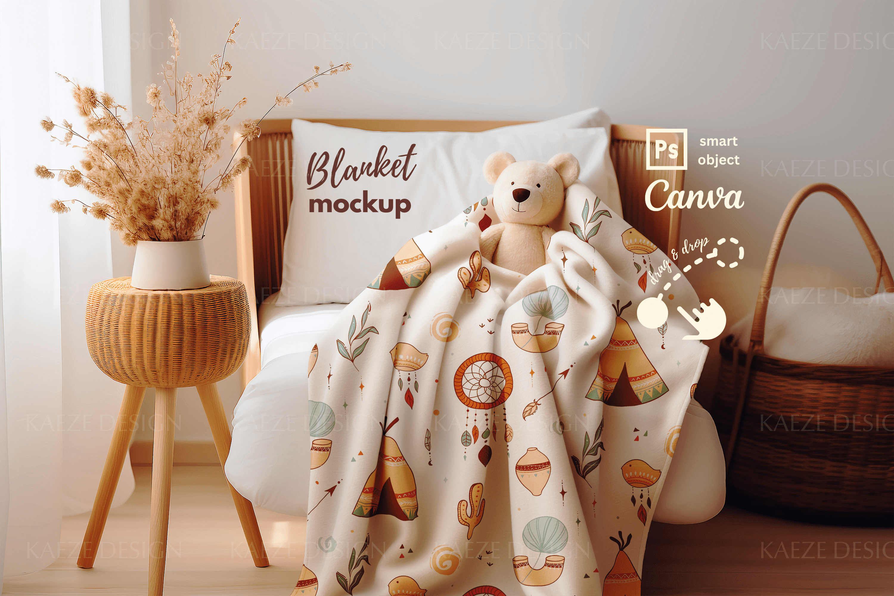 Boho Baby Blanket Mockup and Canva, Blanket Mockup PSD and