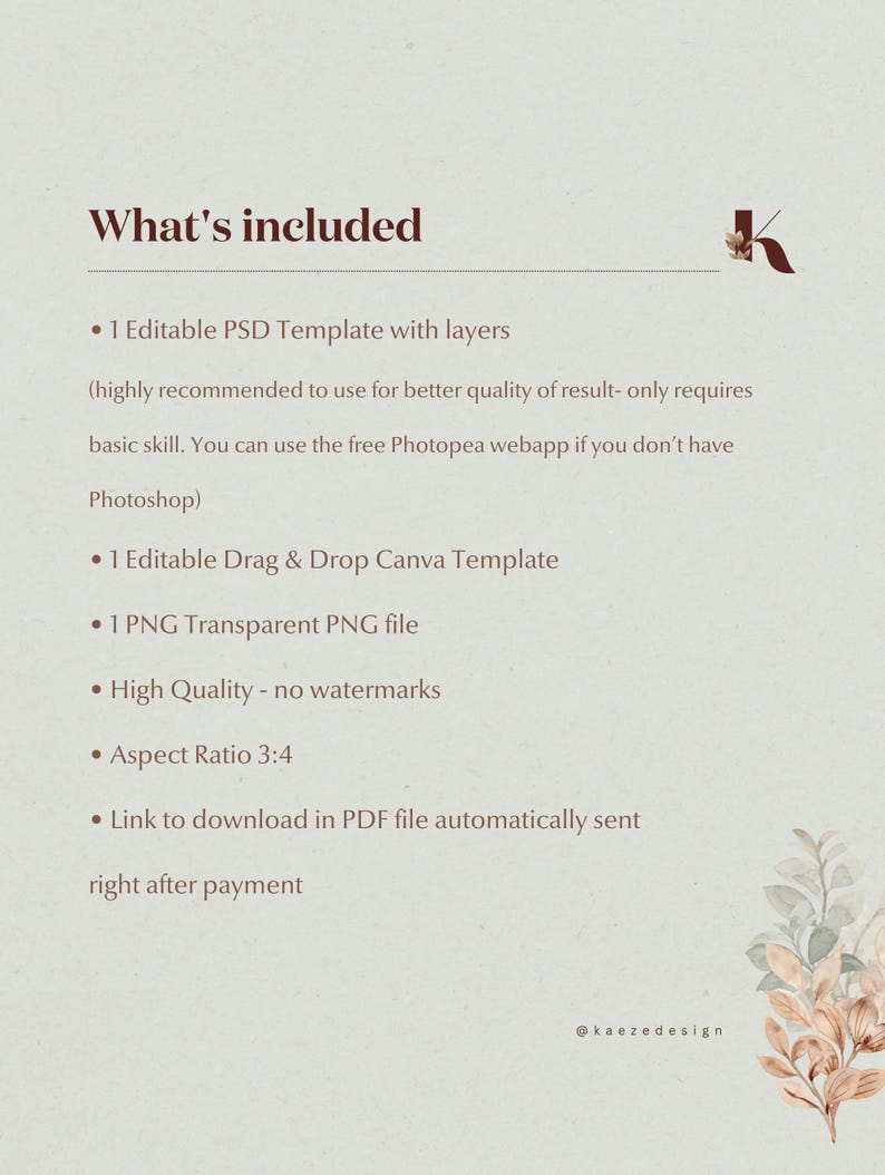 What’s included image for hand held mug mockup product showing file details and formats. Includes 1 editable PSD template with layered design for Photoshop or Photopea, 1 drag and drop Canva template, and 1 transparent PNG file. High quality mug mockup with no watermarks, aspect ratio 3:4, and instant digital download link sent automatically after payment confirmation.