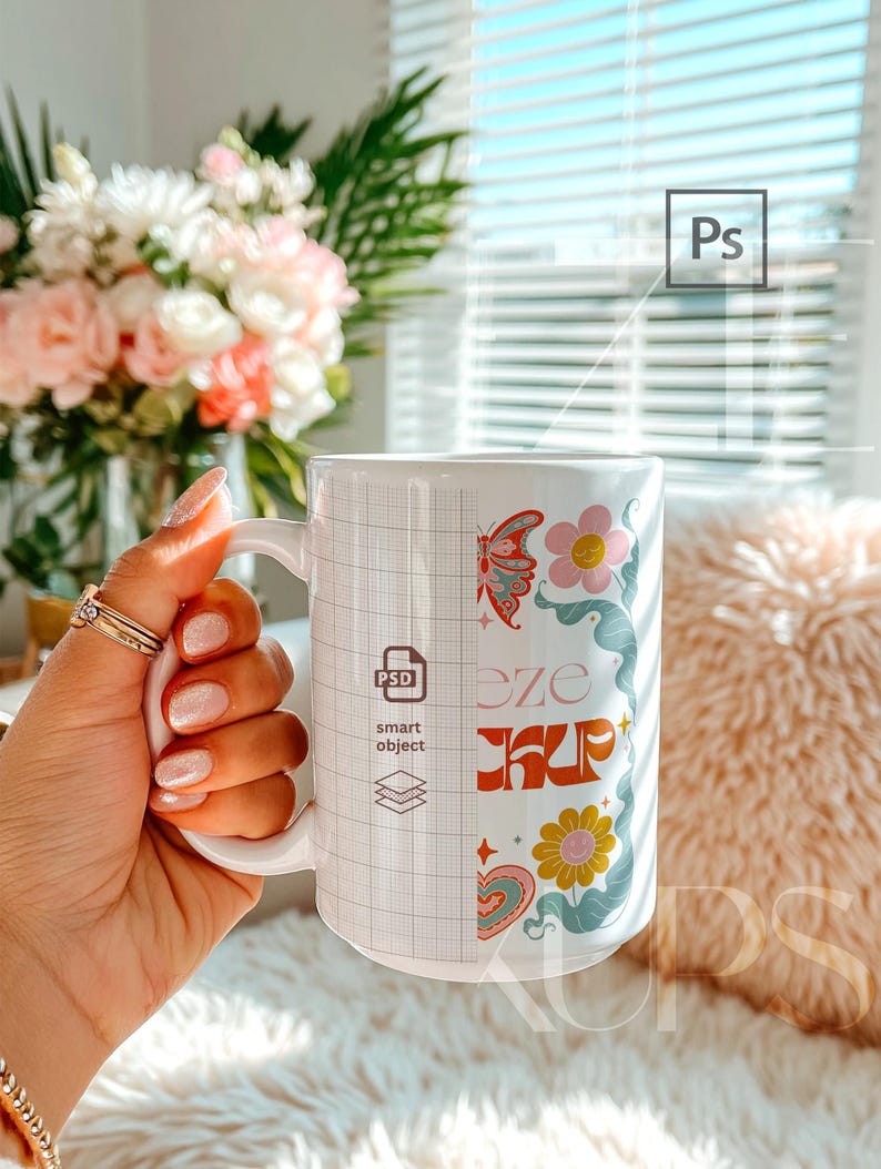 Trendy hand held mug mockup showing a 15oz ceramic mug with split view highlighting PSD smart object editing area. Realistic lighting, natural shadows, and true ceramic texture. Designed for easy artwork replacement using Photoshop smart objects. Professional mugs mockup perfect for premium 15oz mug mockup presentations and product previews.