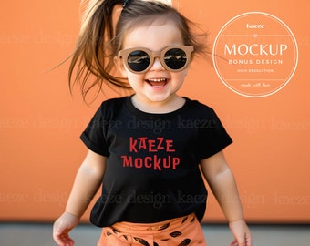 Kids Tshirt Mockup Bonus Design Modeled Mockup Kids Black t-shirt Mockup for Canva High Quality PNG girl tshirt mockup for Print on Demand