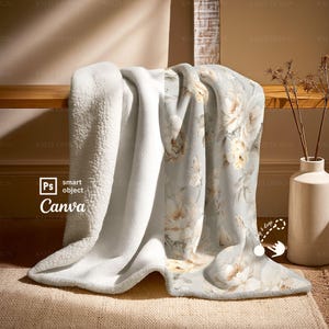 May include: A soft, floral-patterned blanket with a light blue background and cream-colored flowers. The blanket has a plush, white sherpa lining. The blanket is folded over a wooden shelf.