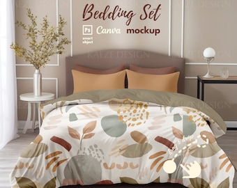 Bettwäsche Set Mockup Photoshop PSD, realistische Kissen Decke Bettwäsche Set Mockups Photoshop PSD, Canva für Deckenmuster & Deckendesigner