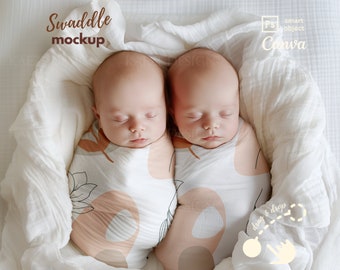 Twin Newborns Swaddle Blanket Mockup PSD and Canva, Minimalist Aesthetic Baby Photography for Shop owners, pattern designers POD sellers