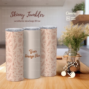 Skinny Tumbler Mockup | Three 20 oz Straight Printify Tumbler Mockup | Photoshop PSD Smart Object and Canva Template for Commercial Use