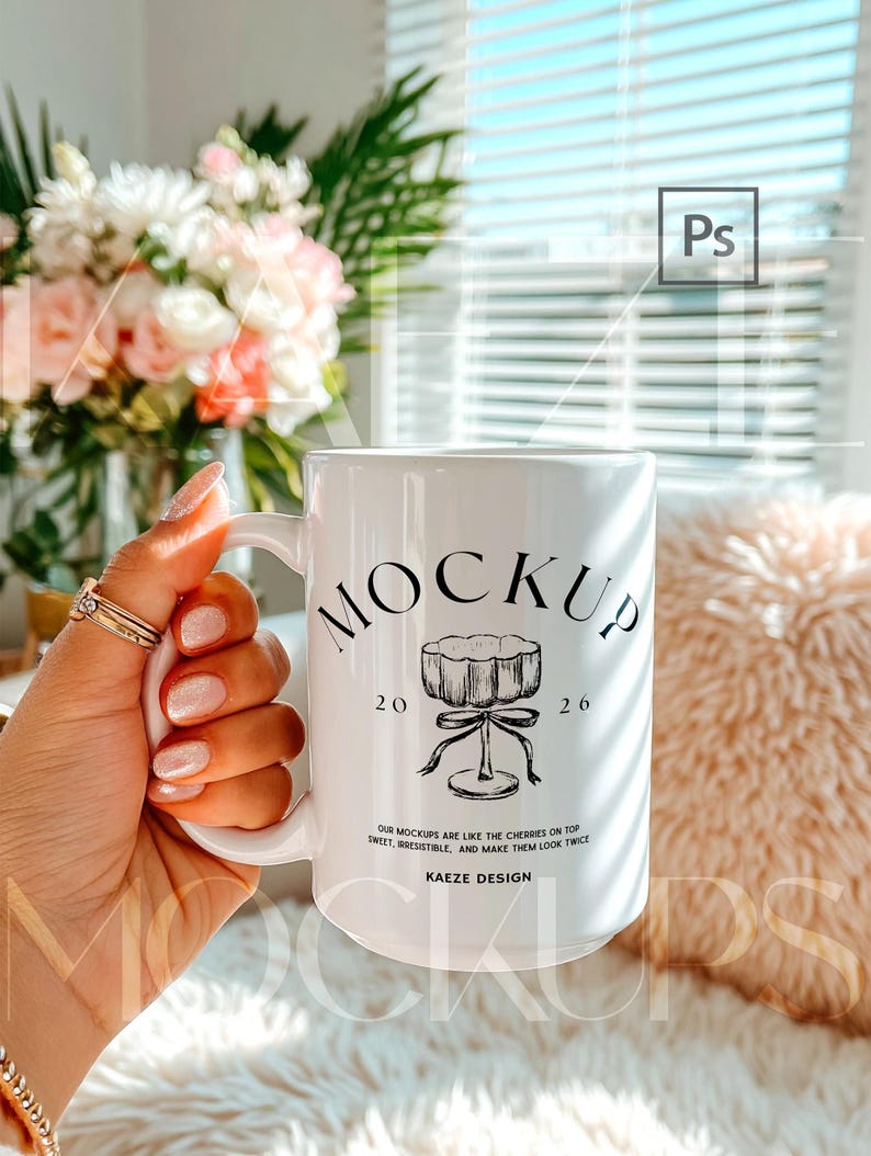 Hand held mug mockup featuring a 15oz ceramic coffee cup held naturally in hand, styled in a bright lifestyle interior with soft daylight. Trendy mug mockup showcasing realistic grip, ceramic reflections, and true scale. Editable mug body for custom artwork using PSD smart object and Canva drag and drop template. High quality mug mockups for modern 15oz mug mockup listings.