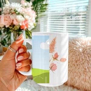 Hand held mug mockup optimized for Canva featuring a 15oz ceramic mug held in hand in a soft lifestyle scene. Editable mug body allows easy drag and drop design placement in Canva while preserving realistic shadows and highlights. Trendy mugs mockup ideal for fast workflows, print on demand previews, and modern mug mockups.