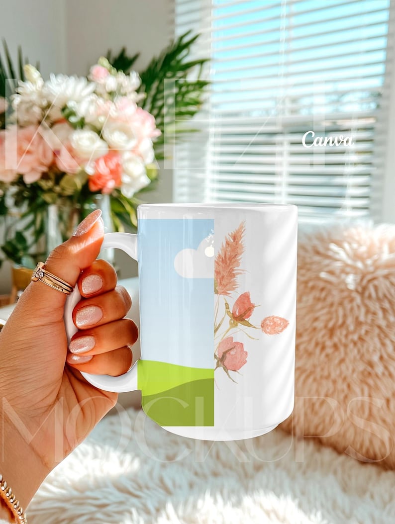 Hand held mug mockup optimized for Canva featuring a 15oz ceramic mug held in hand in a soft lifestyle scene. Editable mug body allows easy drag and drop design placement in Canva while preserving realistic shadows and highlights. Trendy mugs mockup ideal for fast workflows, print on demand previews, and modern mug mockups.