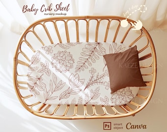 Makieta prześcieradła do łóżeczka dziecięcego, łóżeczko rattanowe, szablon w formacie PSD i Canva