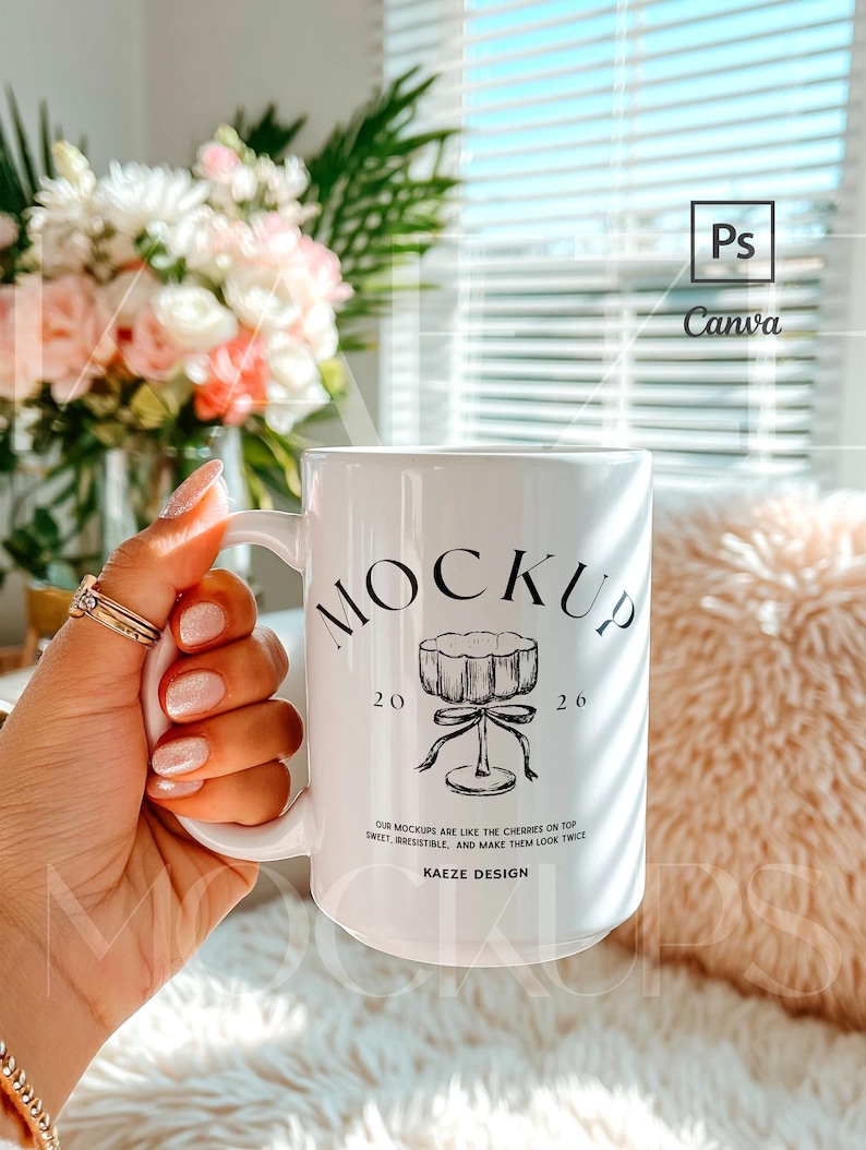 Hand held mug mockup featuring a 15oz ceramic coffee mug held in hand in a bright, cozy lifestyle setting with natural daylight. Trendy mug mockup designed to showcase realistic scale and everyday use. Editable mug body for custom artwork using PSD smart object or Canva drag and drop template. High quality mug mockups ideal for modern brands and 15oz mug mockup listings.