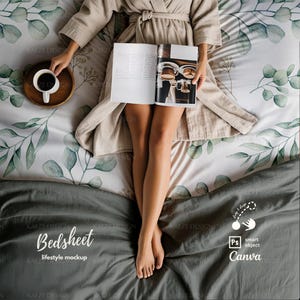 Bedsheet and Blanket Mockup PSD smart object and Canva, Lifestyle Bedding Mockup with model, Bedding Set Mockup for Commercial Use