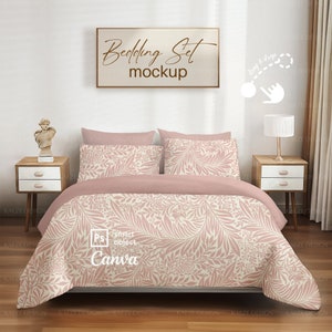 Bedding Set Mockup with Modern Minimalistic Bedroom, Pillows and Blanket Bedding Set Mockup, Photoshop PSD Smart Object and Canva Template