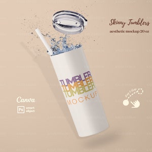 May include: A white 20 ounce skinny tumbler mockup with a clear lid and a straw. The tumbler has the word "Tumbler" written on it multiple times in different colors. The text "Skinny Tumblers" and "aesthetic mockup 20 oz" is also visible in the image.