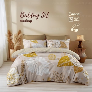 Bedding Set Mockup with Boho Minimalist Bedroom setting, Pillow and Duvet Blanket Bedding Set, Bed Mockup Photoshop PSD Smart Object Canva