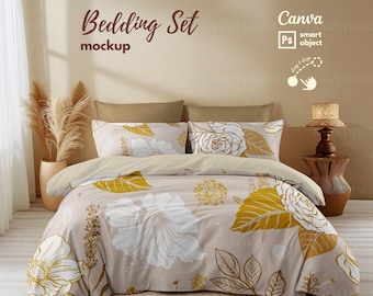 Bedding Set and Duvet Mockup - Minimalist Boho Bedroom Scene | PSD Smart Object & Canva Template