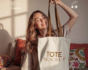Mockup di borsa in tela - Mockup professionali Printify POD / PSD e modello Canva