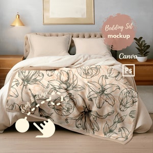 Bedding Set Mockup Photoshop PSD, Realistic Pillow Blanket Bedding Set Mockups Photoshop PSD, Canva for Blanket Pattern & Blanket Designers