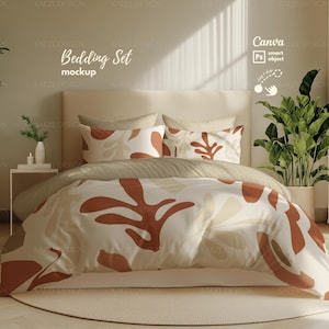 Bedding Set Mockup with Boho Bedroom Interior, Bedsheet Pillows and Duvet Blanket Mockup, Bedsheet Mockup Photoshop PSD Smart Object Canva
