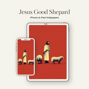 Könnte beinhalten: Eine digitale Illustration von Jesus als Hirte, der mit einem Stab steht und drei Schafe führt. Der Hintergrund ist einfarbig rot. Der Text "Jesus Good Shepard" befindet sich oben im Bild, und der Text "iPhone & iPad Wallpapers" befindet sich darunter.